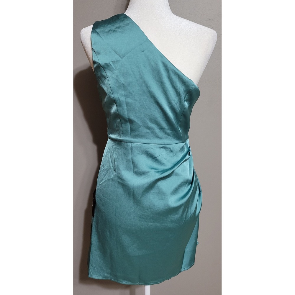 NWT Lulus Sage Green Satin One-Shoulder Mini Dress - Picture 2 of 5